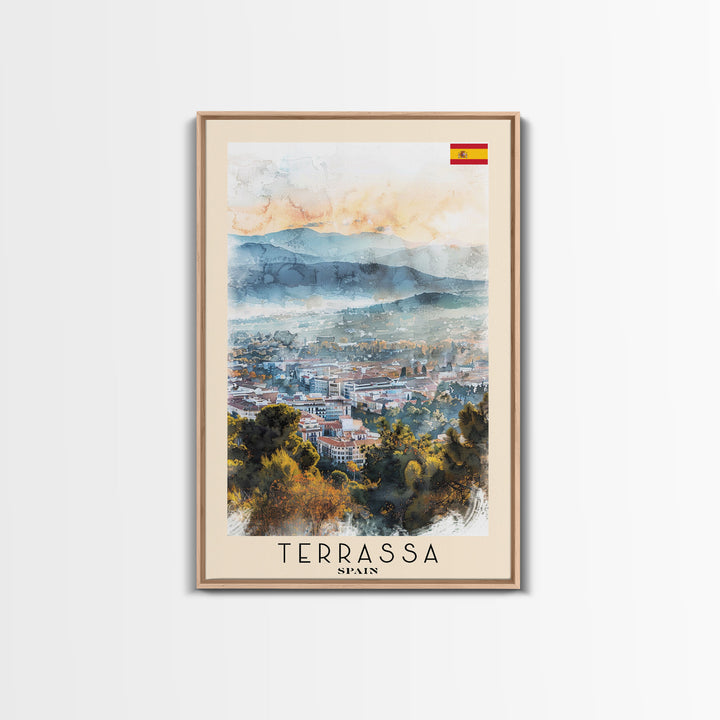 Terrassa Spain Travel Poster Framed Canvas Print, Watercolor Painting, Urban Wall Art, Home Decor, Spanish Cityscape, Modern Art