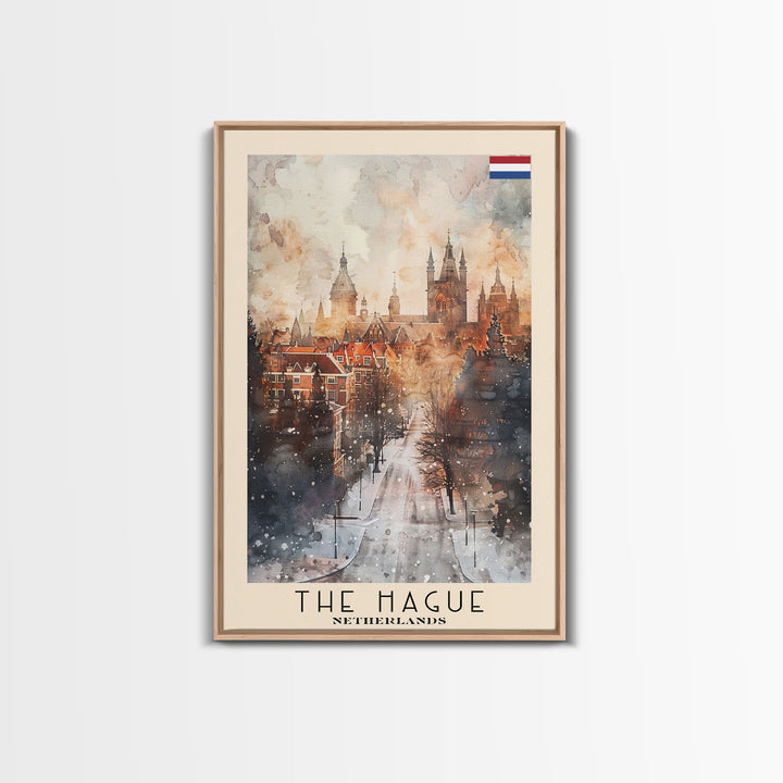 The Hague Netherlands Travel Poster Framed Canvas Print, Watercolor Painting, Scenic Wall Art, Home Decor, Dutch Cityscape, Artistic Art