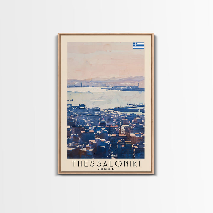 Thessaloniki Greece Travel Poster Framed Canvas Print, Watercolor Painting, Coastal Wall Art, Home Decor, Greek Seaside, Classic Decor