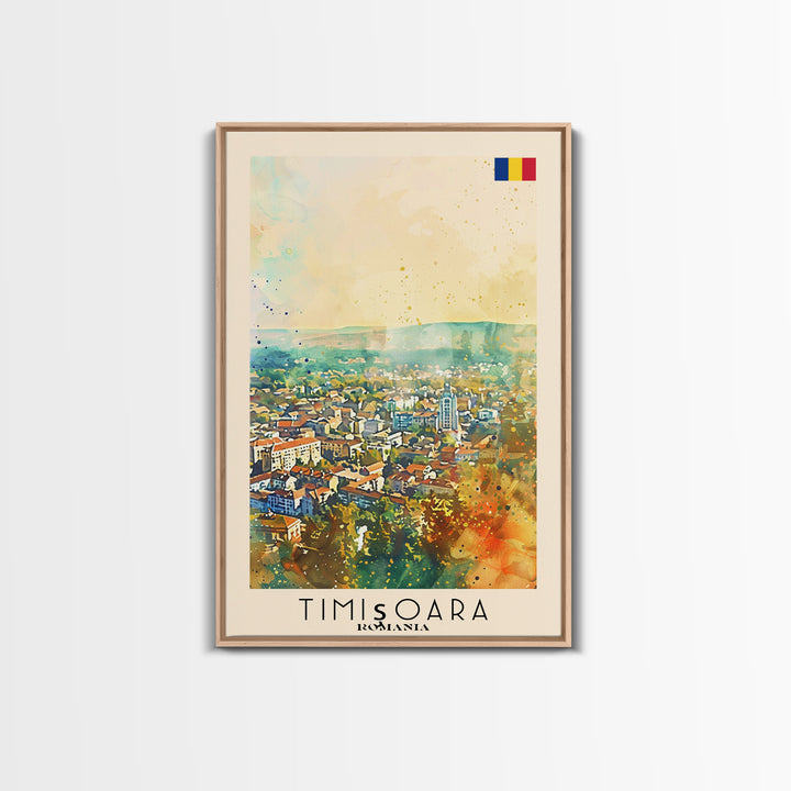 Timisoara Romania Travel Poster Framed Canvas Print, Watercolor Painting, Scenic Wall Art, Home Decor, Romanian Architecture, Heritage Art