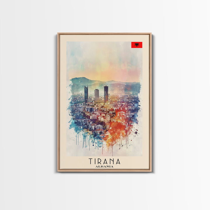 Tirana Albania Travel Poster Framed Canvas Print, Watercolor Painting, Urban Wall Art, Home Decor, Albanian Cityscape, Exotic Decor