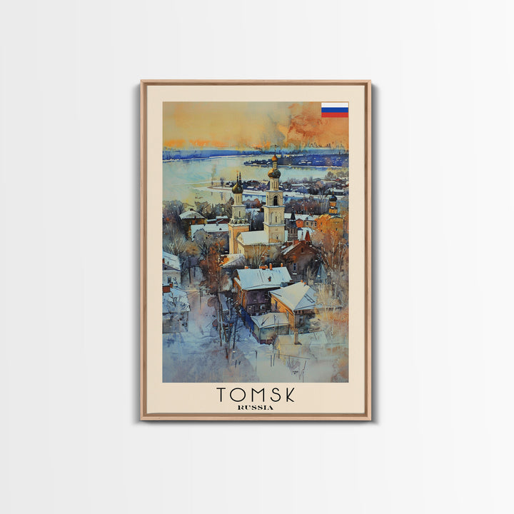 Tomsk Russia Travel Poster Framed Canvas Print, Watercolor Painting, Urban Wall Art, Home Decor, Russian Cityscape, Vintage Decor