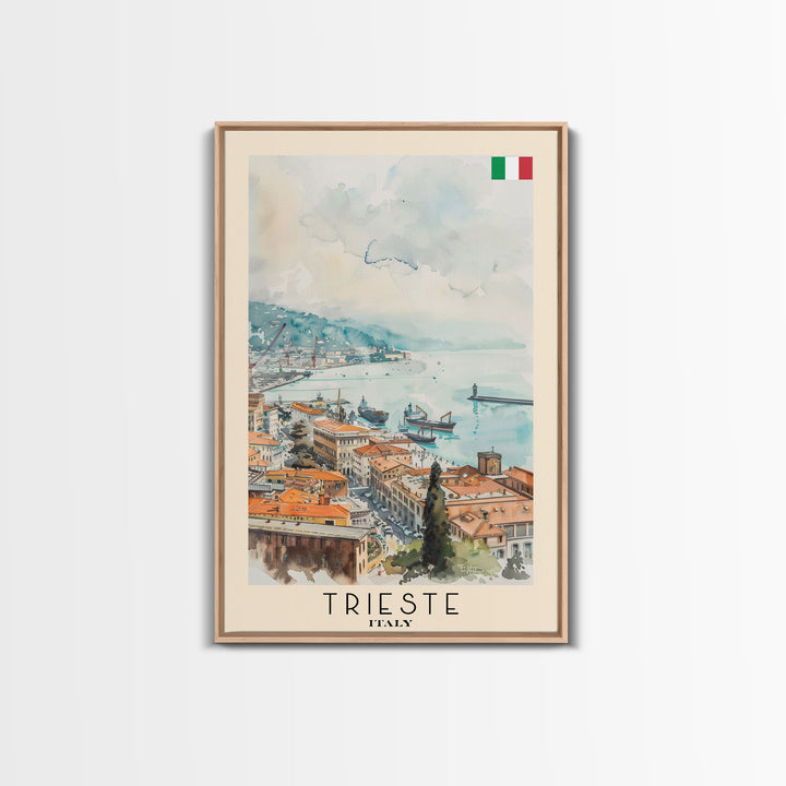 Trieste Italy Travel Poster Framed Canvas Print, Watercolor Painting, Coastal Wall Art, Home Decor, Italian Seaside, Nautical Art