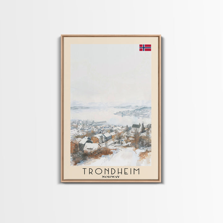 Trondheim Norway Travel Poster Framed Canvas Print, Watercolor Painting, Coastal Wall Art, Home Decor, Norwegian Seaside, Nordic Decor