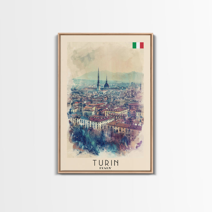 Turin Italy Travel Poster Framed Canvas Print, Watercolor Painting, Urban Wall Art, Home Decor, Italian Cityscape, Vintage Decor