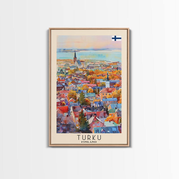 Turku Finland Travel Poster Framed Canvas Print, Watercolor Painting, Coastal Wall Art, Home Decor, Finnish Seaside, Contemporary Decor