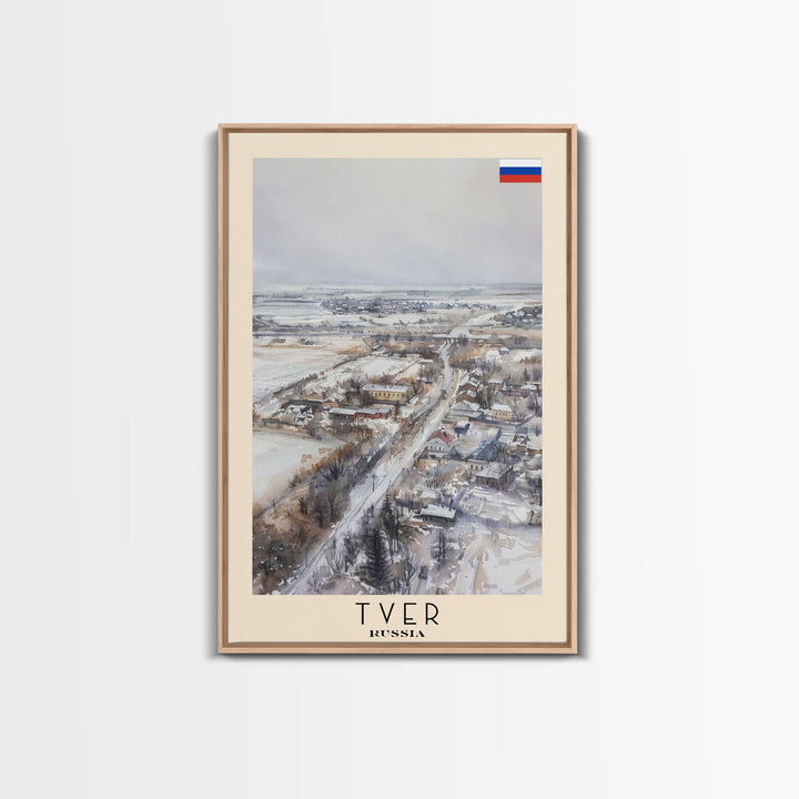 Tver Russia Travel Poster Framed Canvas Print, Watercolor Painting, Scenic Wall Art, Home Decor, Russian Landscape, Rustic Decor