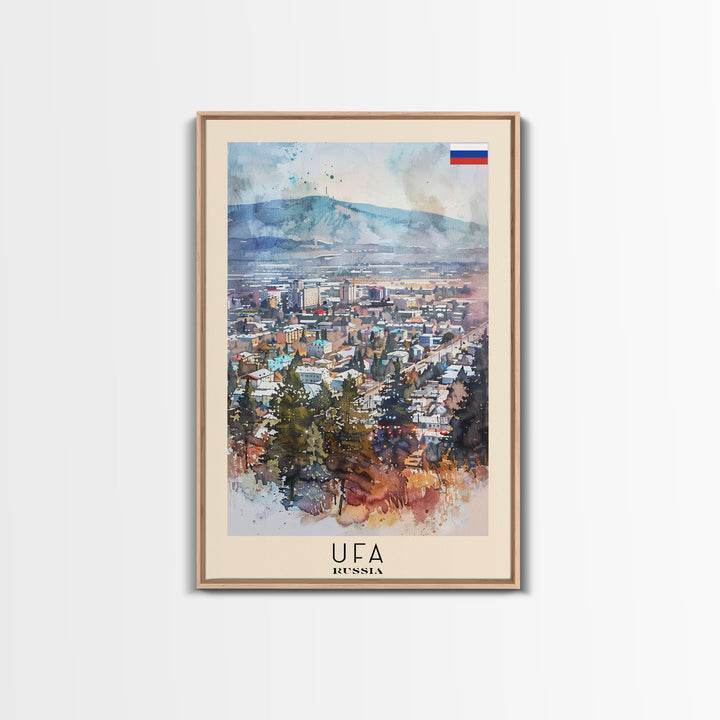 Ufa Russia Travel Poster Framed Canvas Print, Watercolor Painting, Scenic Wall Art, Home Decor, Russian Landscape, Vibrant Decor