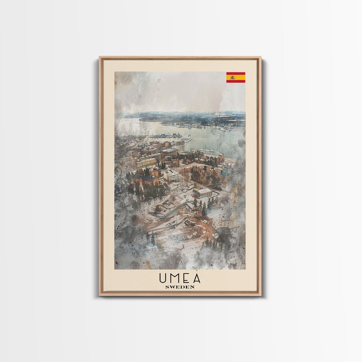 Ume Sweden Travel Poster Framed Canvas Print, Watercolor Painting, Scenic Wall Art, Home Decor, Swedish Landscape, Nordic Decor