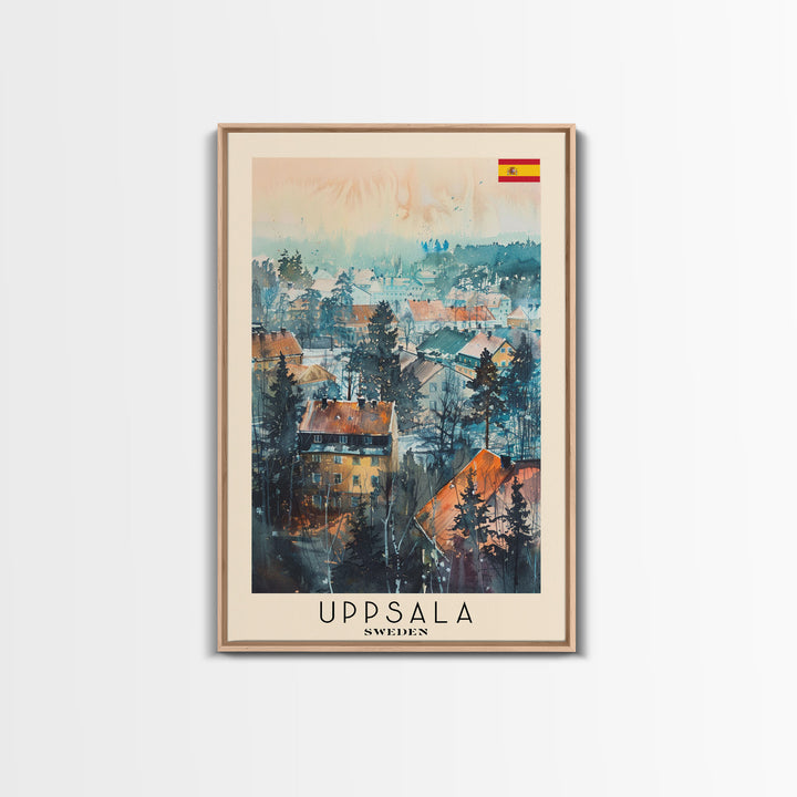 Uppsala Sweden Travel Poster Framed Canvas Print, Watercolor Painting, Urban Wall Art, Home Decor, Swedish Cityscape, Classic Decor