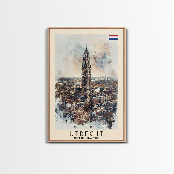 Utrecht Netherlands Travel Poster Framed Canvas Print, Watercolor Painting, Urban Wall Art, Home Decor, Dutch Cityscape, Trendy Art