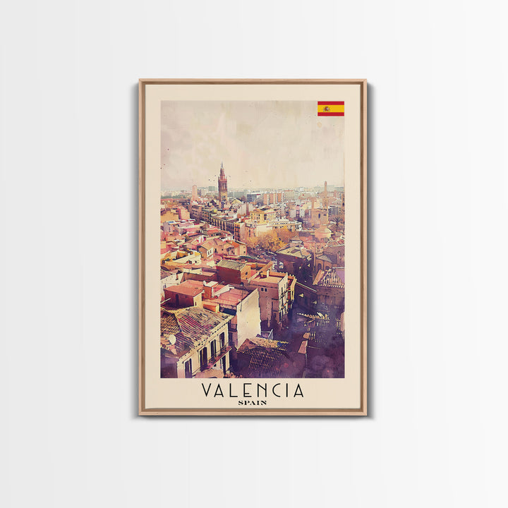 Valencia Spain Travel Poster Framed Canvas Print, Watercolor Painting, Coastal Wall Art, Home Decor, Spanish Seaside, Mediterranean Decor