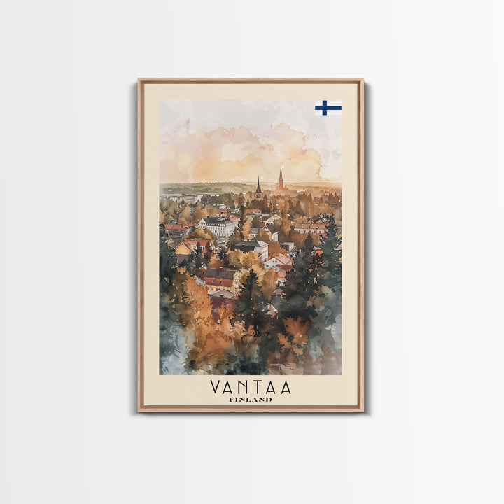 Vantaa Finland Travel Poster Framed Canvas Print, Watercolor Painting, Urban Wall Art, Home Decor, Finnish Cityscape, Modern Art