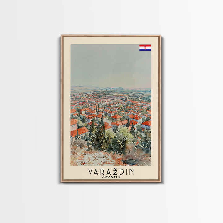 Varadin Croatia Travel Poster Framed Canvas Print, Watercolor Painting, Scenic Wall Art, Home Decor, Croatian Landscape, Rustic Decor