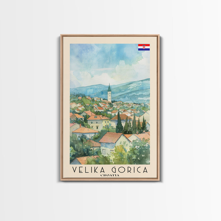 Velika Gorica Croatia Travel Poster Framed Canvas Print, Watercolor Painting, Urban Wall Art, Home Decor, Croatian Cityscape, Vibrant Art