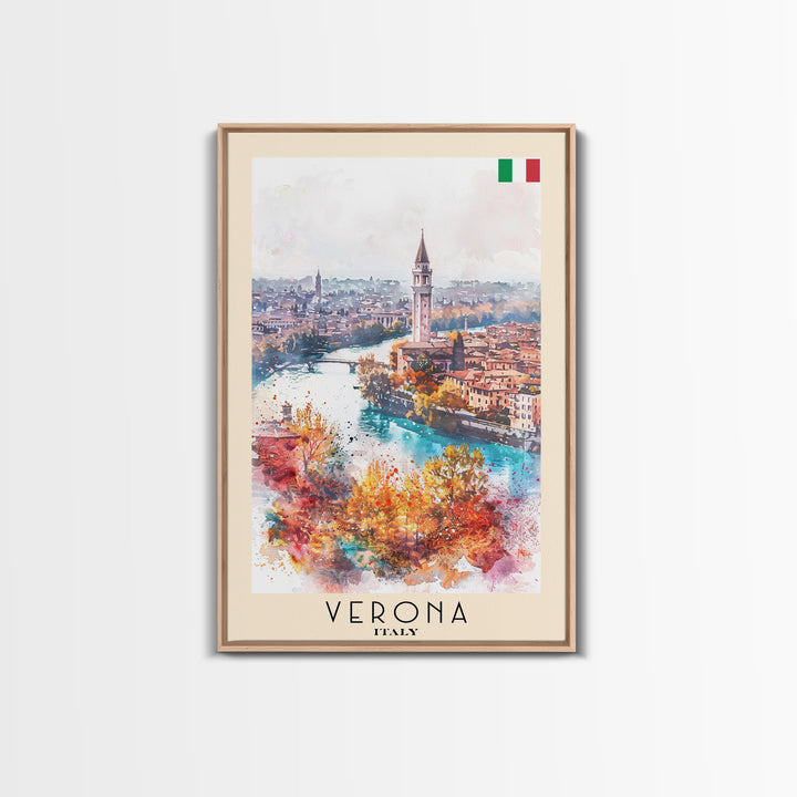 Verona Italy Travel Poster Framed Canvas Print, Watercolor Painting, Historic Wall Art, Home Decor, Italian Cityscape, Shakespearean Decor