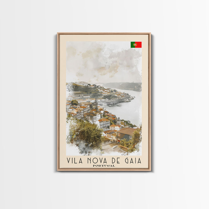 Vila Nova de Gaia Portugal Travel Poster Framed Canvas Print, Watercolor Painting, Scenic Wall Art, Home Decor, Portuguese Landscape, Vintage Art