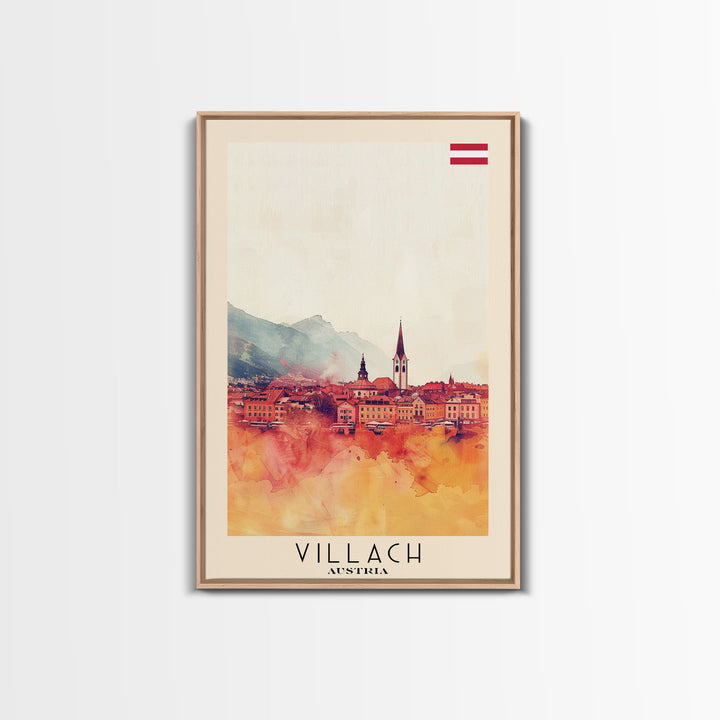 Villach Austria Travel Poster Framed Canvas Print, Watercolor Painting, Scenic Wall Art, Home Decor, Austrian Landscape, Alpine Art