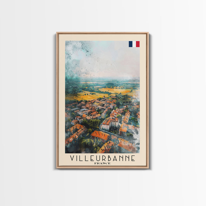 Villeurbanne France Travel Poster Framed Canvas Print, Watercolor Painting, Urban Wall Art, Home Decor, French Cityscape, Contemporary Decor