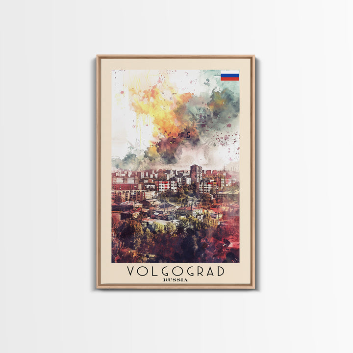 Volgograd Russia Travel Poster Framed Canvas Print, Watercolor Painting, Urban Wall Art, Home Decor, Russian Cityscape, Heritage Art