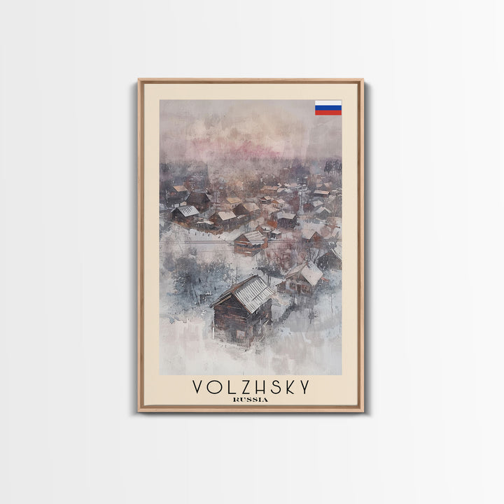 Volzhsky Russia Travel Poster Framed Canvas Print, Watercolor Painting, Urban Wall Art, Home Decor, Russian Cityscape, Classic Decor