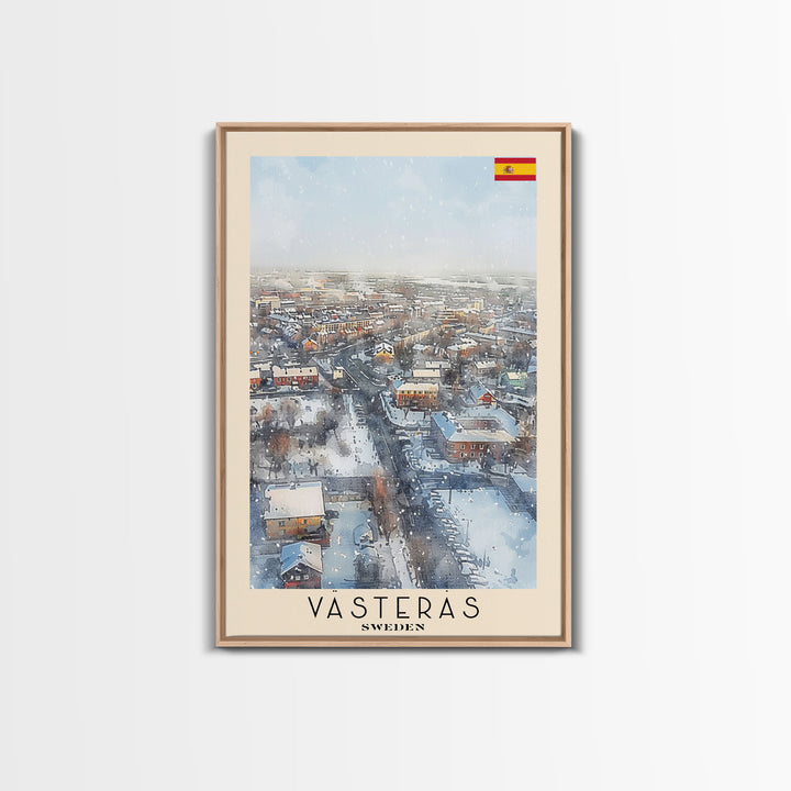 Vsters Sweden Travel Poster Framed Canvas Print, Watercolor Painting, Urban Wall Art, Home Decor, Swedish Cityscape, Modern Art