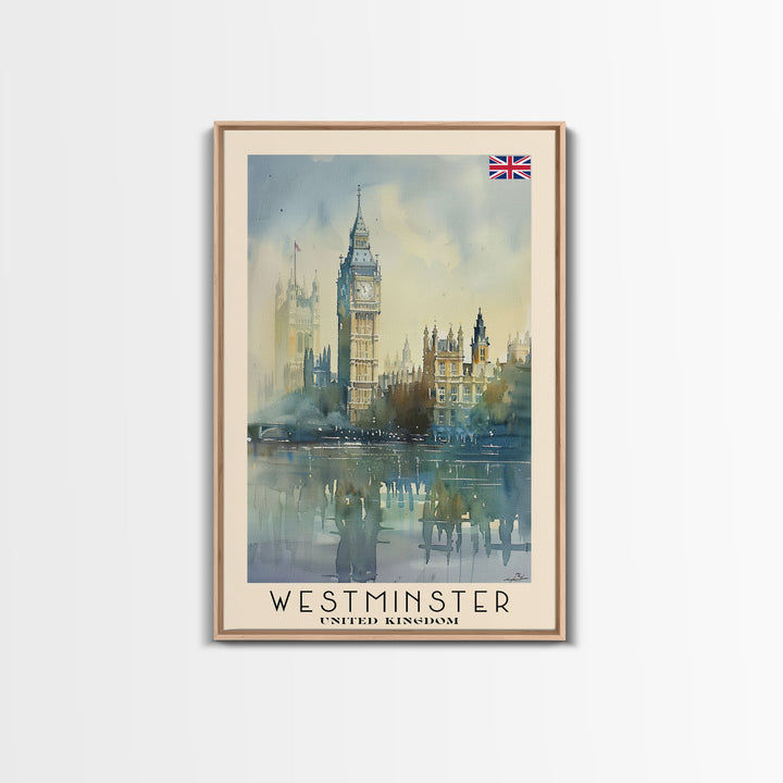 Westminster United Kingdom Travel Poster Framed Canvas Print, Watercolor Painting, Urban Wall Art, Home Decor, British Cityscape, Gift for Travelers