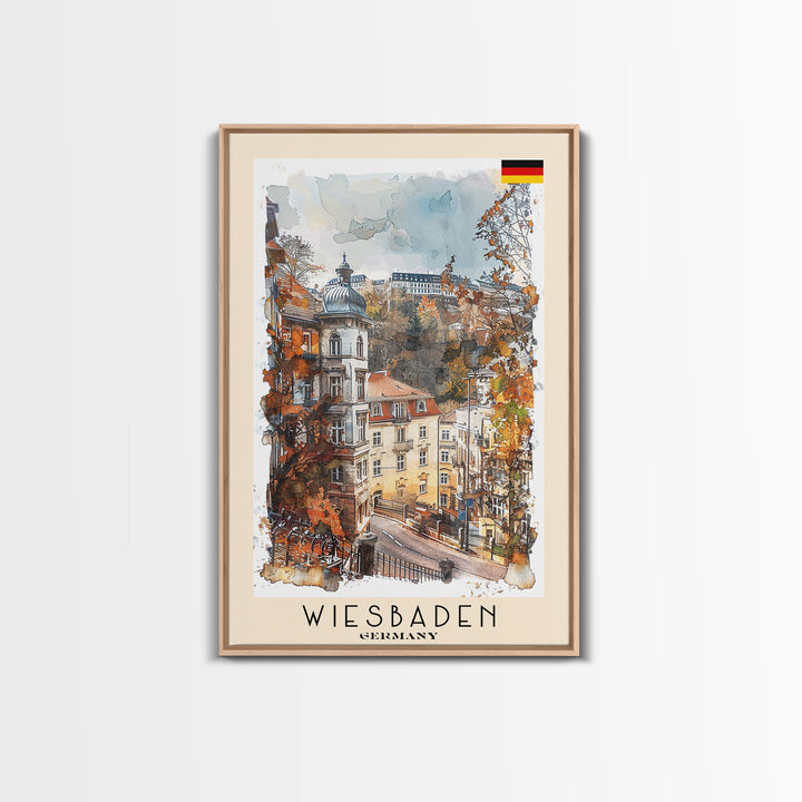 Wiesbaden Germany Travel Poster Framed Canvas Print, Watercolor Painting, Scenic Wall Art, Home Decor, German Cityscape, Artistic Gift