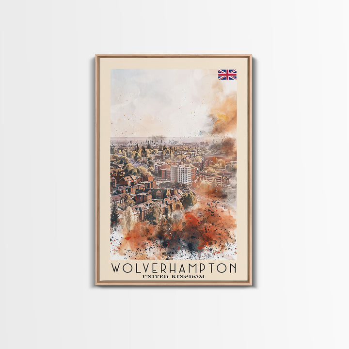 Wolverhampton United Kingdom Travel Poster Framed Canvas Print, Watercolor Painting, Urban Wall Art, Home Decor, British Cityscape, Gift for Art Lovers