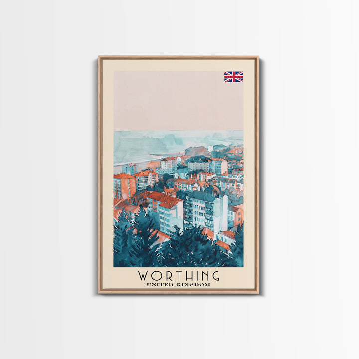 Worthing United Kingdom Travel Poster Framed Canvas Print, Watercolor Painting, Coastal Wall Art, Home Decor, British Seaside, Nautical Gift