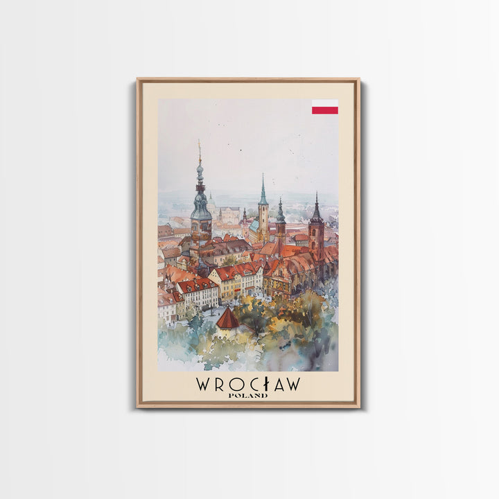 Wrocław Poland Travel Poster Framed Canvas Print, Watercolor Painting, Urban Wall Art, Home Decor, Polish Cityscape, Special Gift