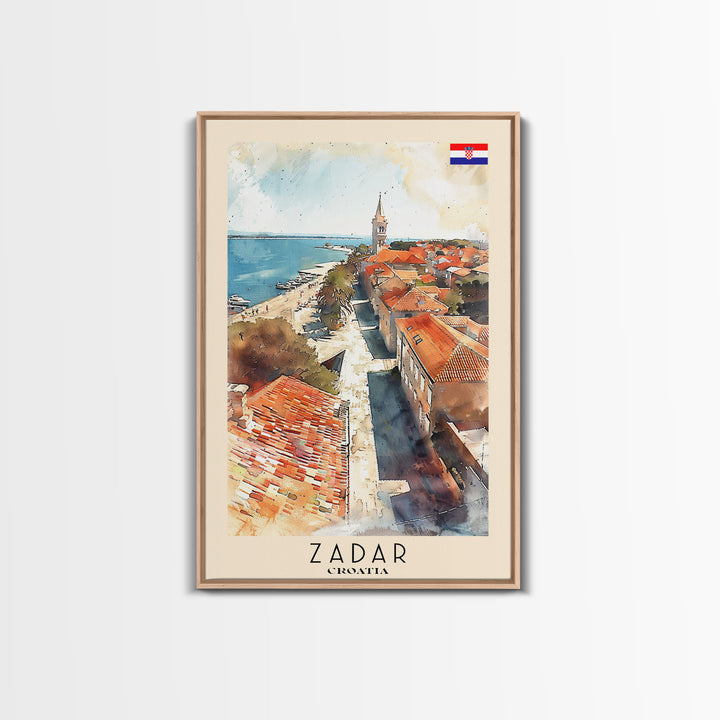 Zadar Croatia Travel Poster Framed Canvas Print, Watercolor Painting, Coastal Wall Art, Home Decor, Croatian Seaside, Nautical Gift