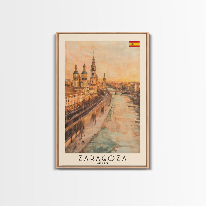 Zaragoza Spain Travel Poster Framed Canvas Print, Watercolor Painting, Urban Wall Art, Home Decor, Spanish Cityscape, Artistic Gift