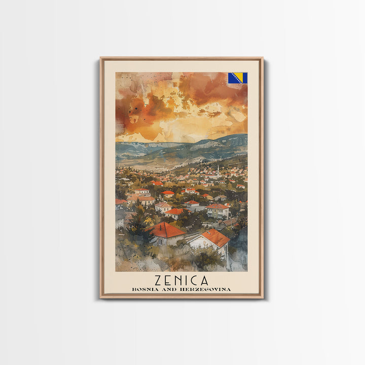 Zenica Bosnia Travel Poster Framed Canvas Print, Watercolor Painting, Scenic Wall Art, Home Decor, Bosnian Landscape, Unique Gift