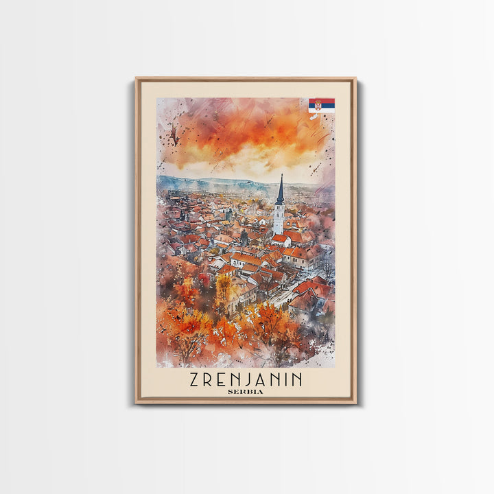 Zrenjanin Serbia Travel Poster Framed Canvas Print, Watercolor Painting, Scenic Wall Art, Home Decor, Serbian Landscape, Unique Gift