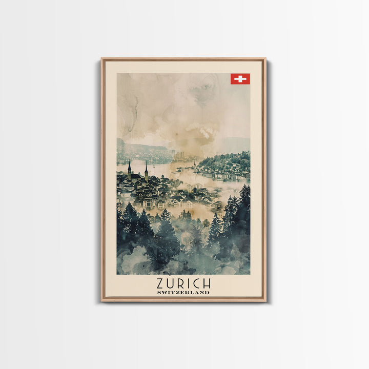 Zurich Switzerland Travel Poster Framed Canvas Print, Watercolor Painting, Urban Wall Art, Home Decor, Swiss Cityscape, Elegant Gift