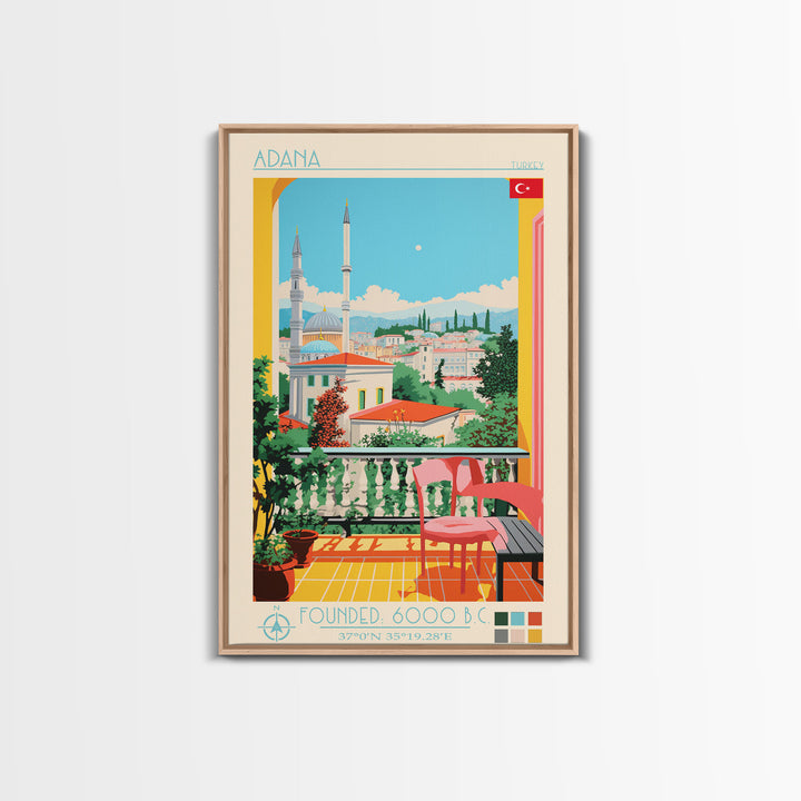 Adana Turkey Travel Poster Framed Canvas Print, Midcentury Modern Art, Pop Art Decor, Scenic View Wall Art, Vacation Gift, Home Decoration, Living Room Print