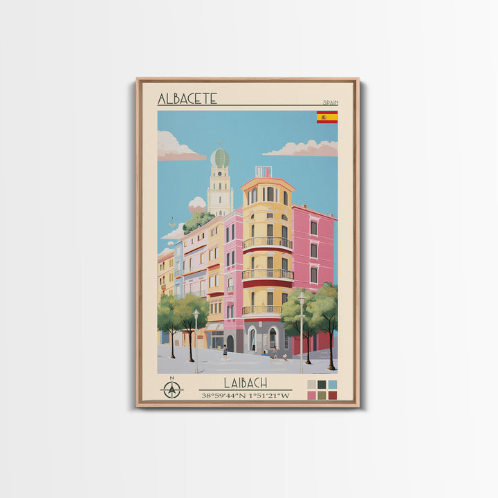 Albacete Spain Travel Poster Framed Canvas Print, Midcentury Modern Art, Pop Art Decor, Scenic View Wall Art, Vacation Gift, Home Decoration, Living Room Print