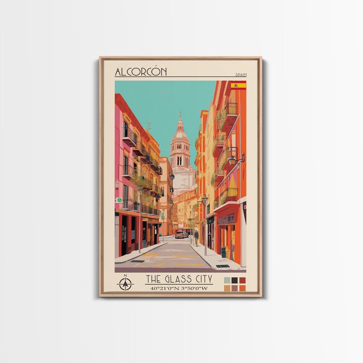 Alcorcón Spain Travel Poster Framed Canvas Print, Midcentury Modern Art, Pop Art Decor, Wall Art, Vacation Gift, Living Room Decoration, Scenic Print