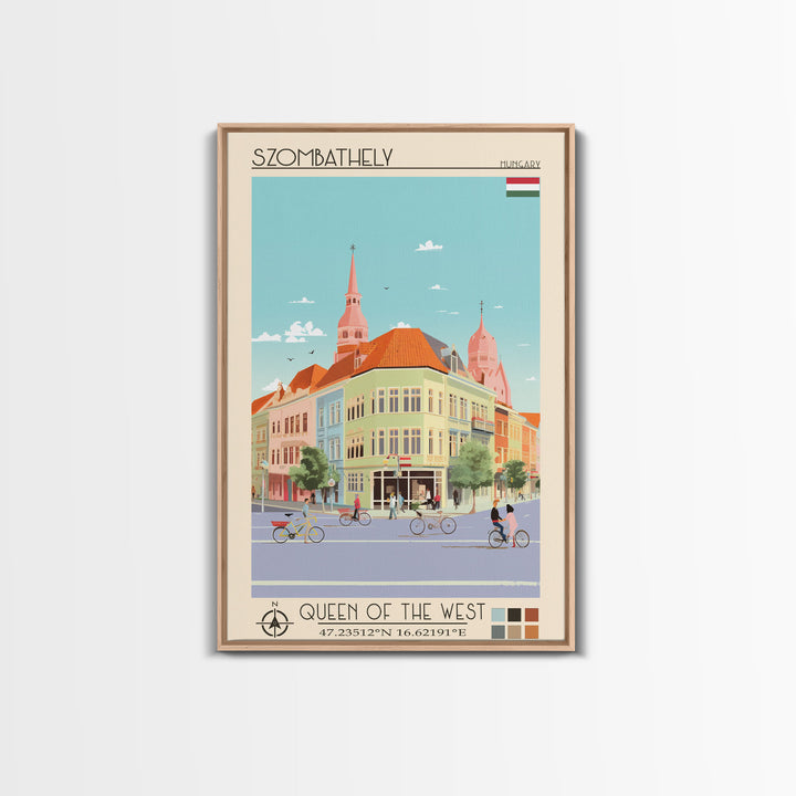 Szombathely Hungary Travel Poster Framed Canvas Print, Midcentury Modern Art, Pop Art Wall Decor, Living Room Art, Scenic Wall Art