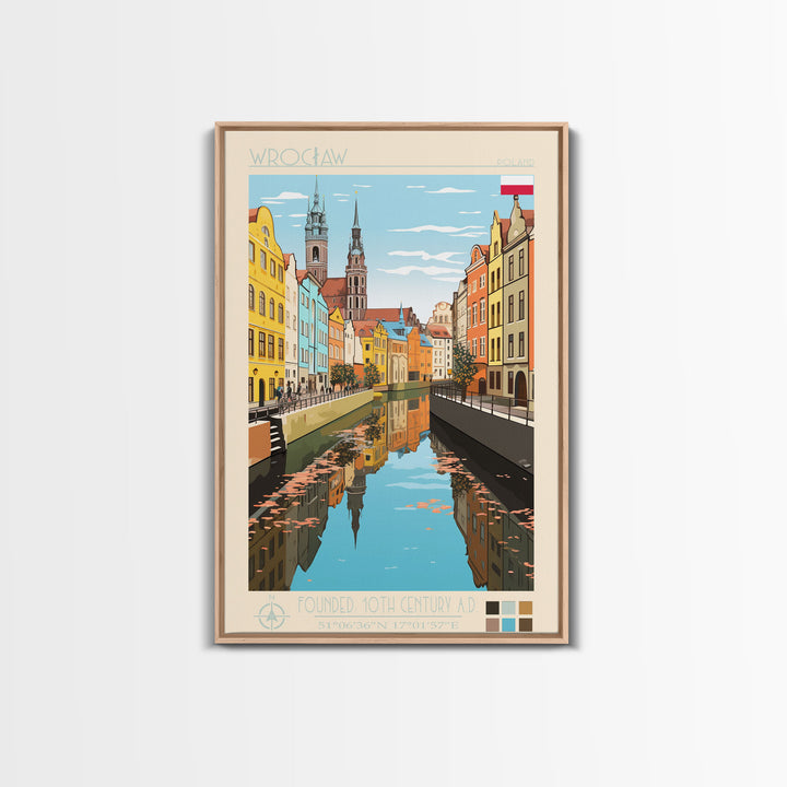 Wrocław Poland Travel Poster Framed Canvas Print, Midcentury Modern Art, Pop Art Wall Decor, Living Room Art, Scenic Wall Art