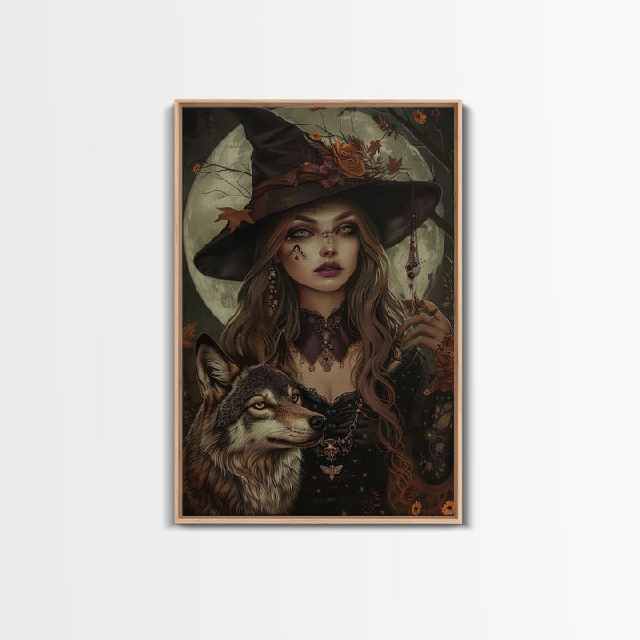 The Witch And The Wolf, Spooky Halloween Wall Art Framed Canvas Print, Spooky Season, Witch Painting, Halloween Decor and Art, Seasonal