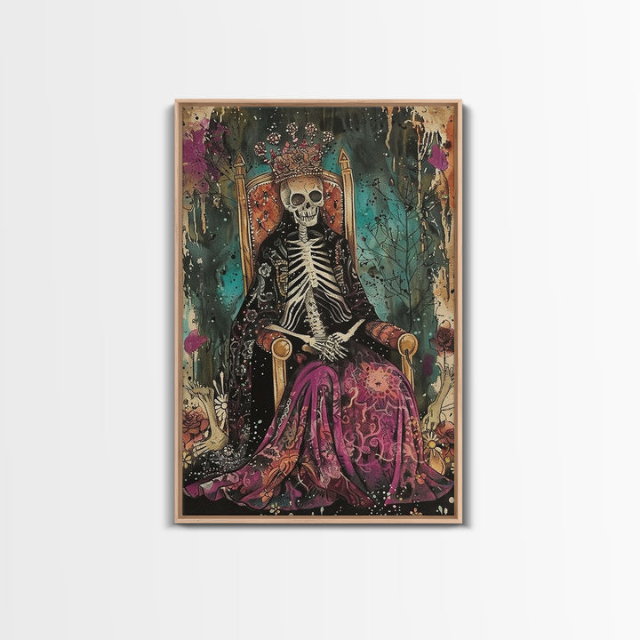 Skeleton King in Regal Throne Framed Canvas Print, Royalty Decor, Halloween Skeleton Art, Haunted Mansion Wall Art, Gothic Skeleton Print