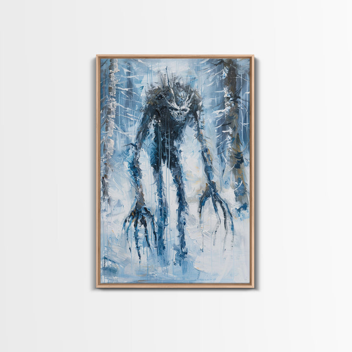 Wendigo in Winter Woods Framed Canvas Print, Eerie Winter Monster Decor, Halloween Creature Art Haunted Forest Wall Art Spooky Monster Print