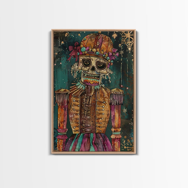 Skeleton Nutcracker in Festive Attire Framed Canvas Print, Halloween Nutcracker Decor, Spooky Art, Haunted Toy Wall Art, Nutcracker Print