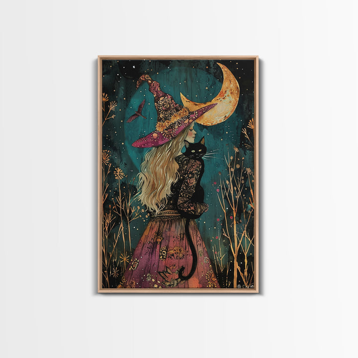 The Witch And The Black Cat Framed Canvas Print, Cottage Core Witchy Art, Halloween Trinket, Halloween Wall Art, Spooky Wall Art, Home Decor