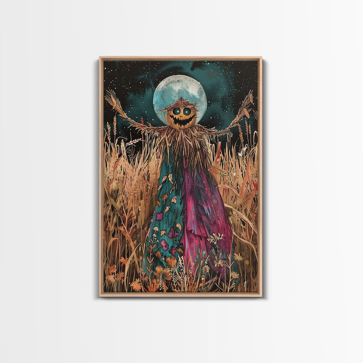 Spooky Scarecrow in Field Framed Canvas Print, Haunted Field Decor, Halloween Scarecrow Art, Eerie Harvest Wall Art, Creepy Scarecrow Print