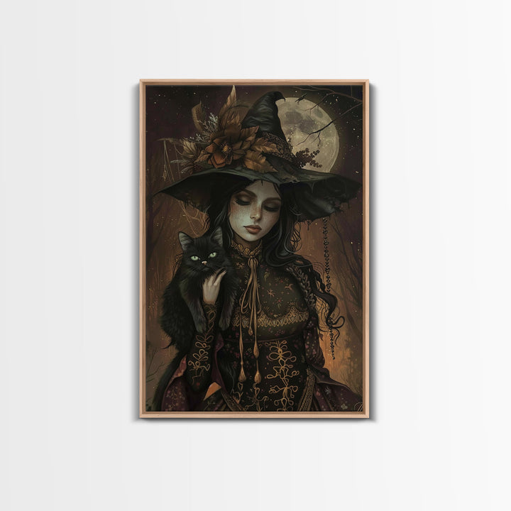 The Witch and The Black Cat Framed Canvas Art, Spooky Victorian Witch Art, Spooky Season, Halloween Props, Halloween Accessories Art