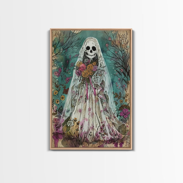 The Ghostly Bride, Cottage Core Ghost Decor, Cottagecore Halloween Art Framed Canvas Print, Unique Wall Art, Spooky Season Decor