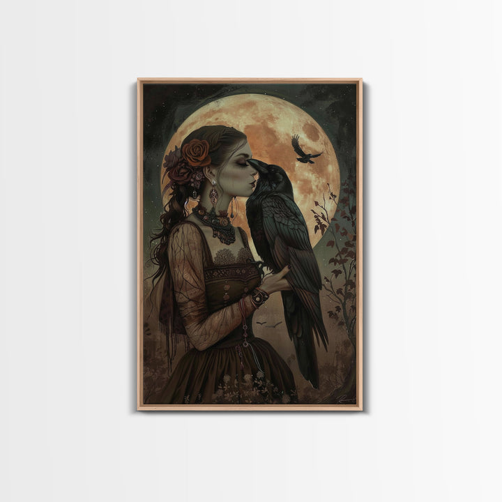 The Witch And The Raven, Framed Canvas Print, Raven Familiar, Victorian Witch Painting, Halloween Decor, Halloween Trinket, Spooky Wall Art